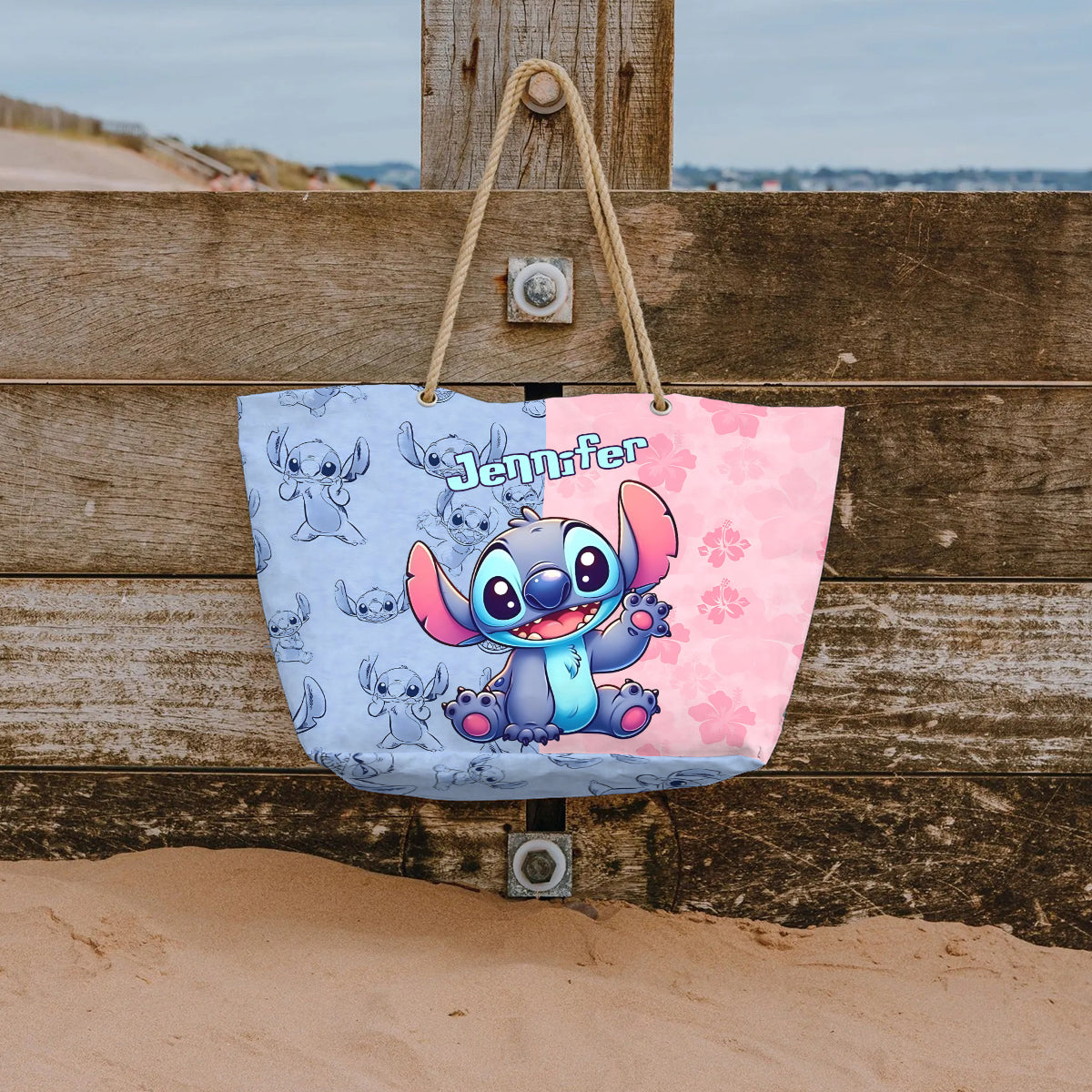 Pink And Blue Ohana - Personalized Ohana Beach Bag