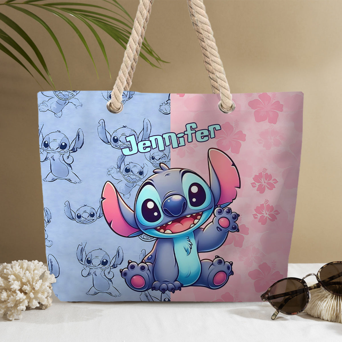 Pink And Blue Ohana - Personalized Ohana Beach Bag
