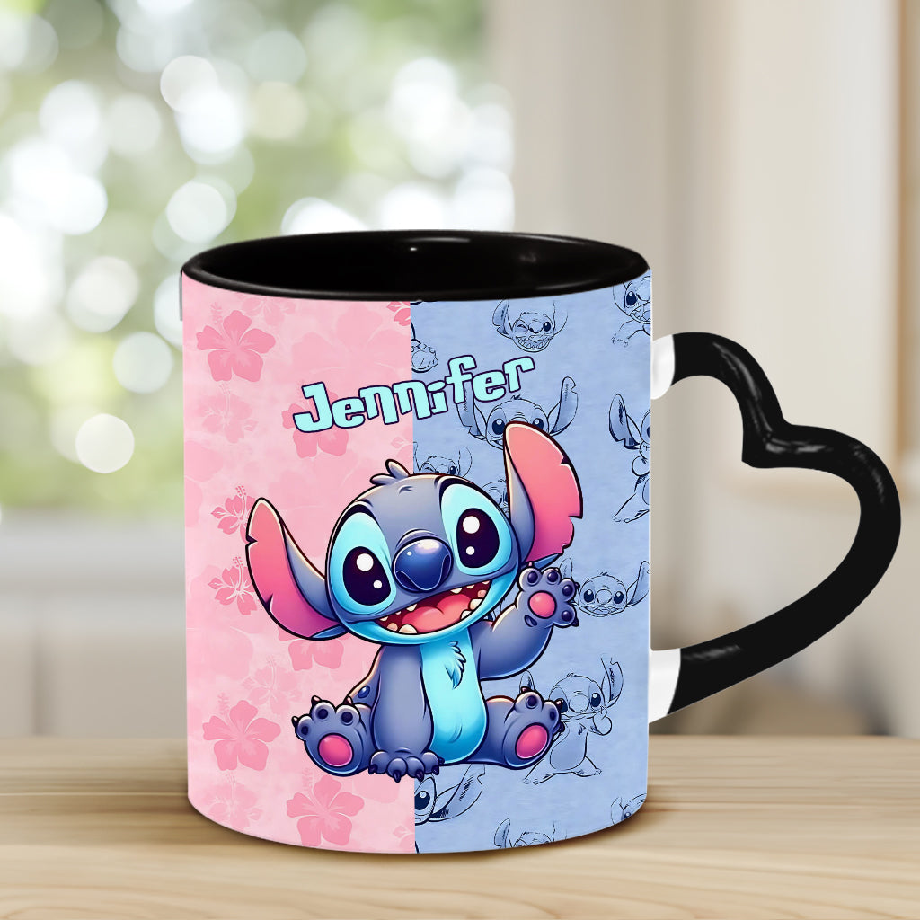 Pink And Blue Ohana - Personalized Ohana Heart Handle Mug