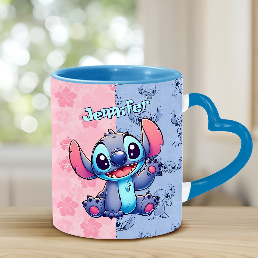 Pink And Blue Ohana - Personalized Ohana Heart Handle Mug