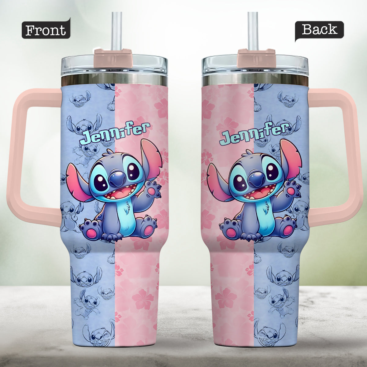 Pink And Blue - Personalized Ohana Tumbler With Handle