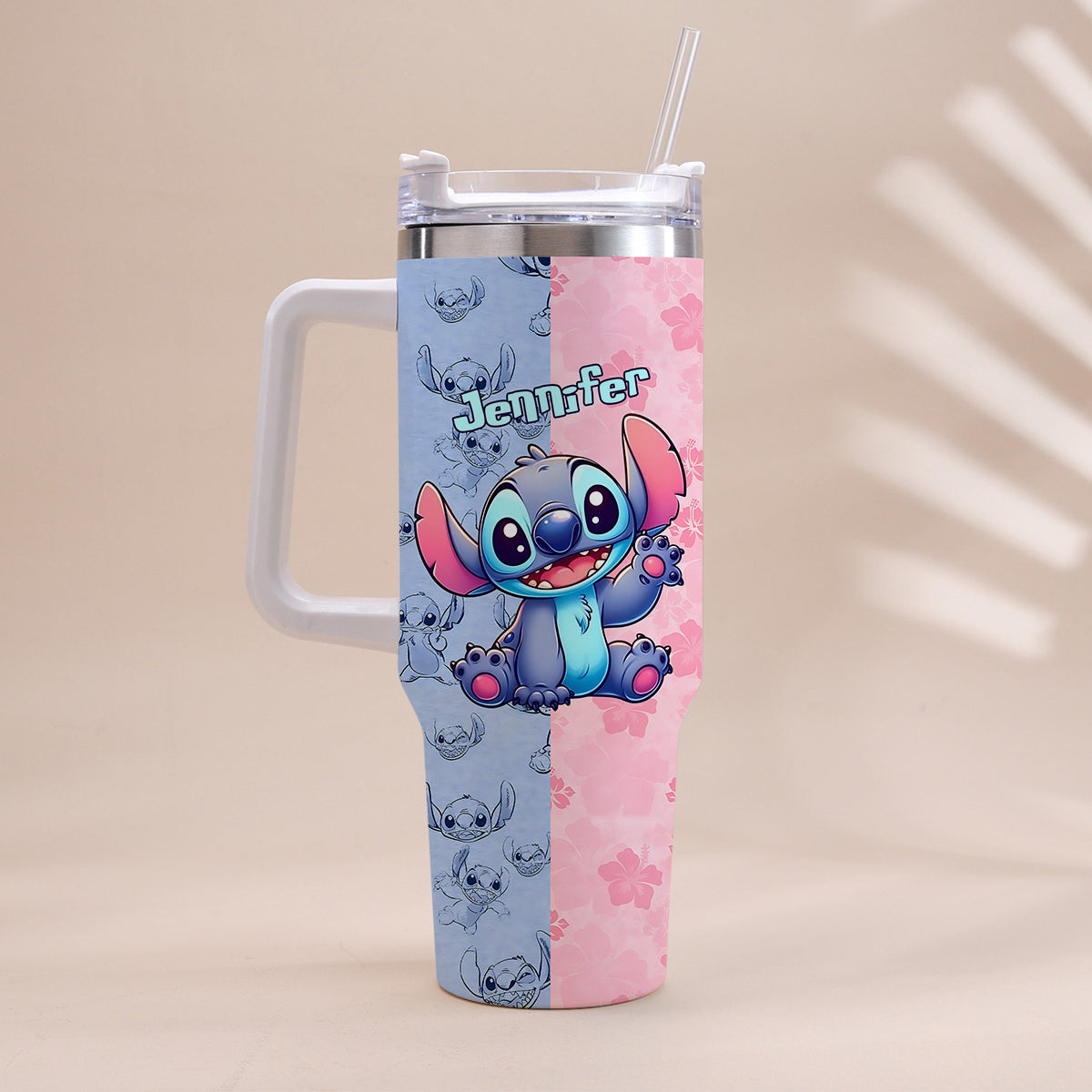 Pink And Blue - Personalized Ohana Tumbler With Handle