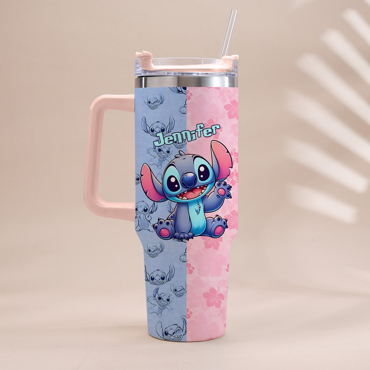 Pink And Blue - Personalized Ohana Tumbler With Handle