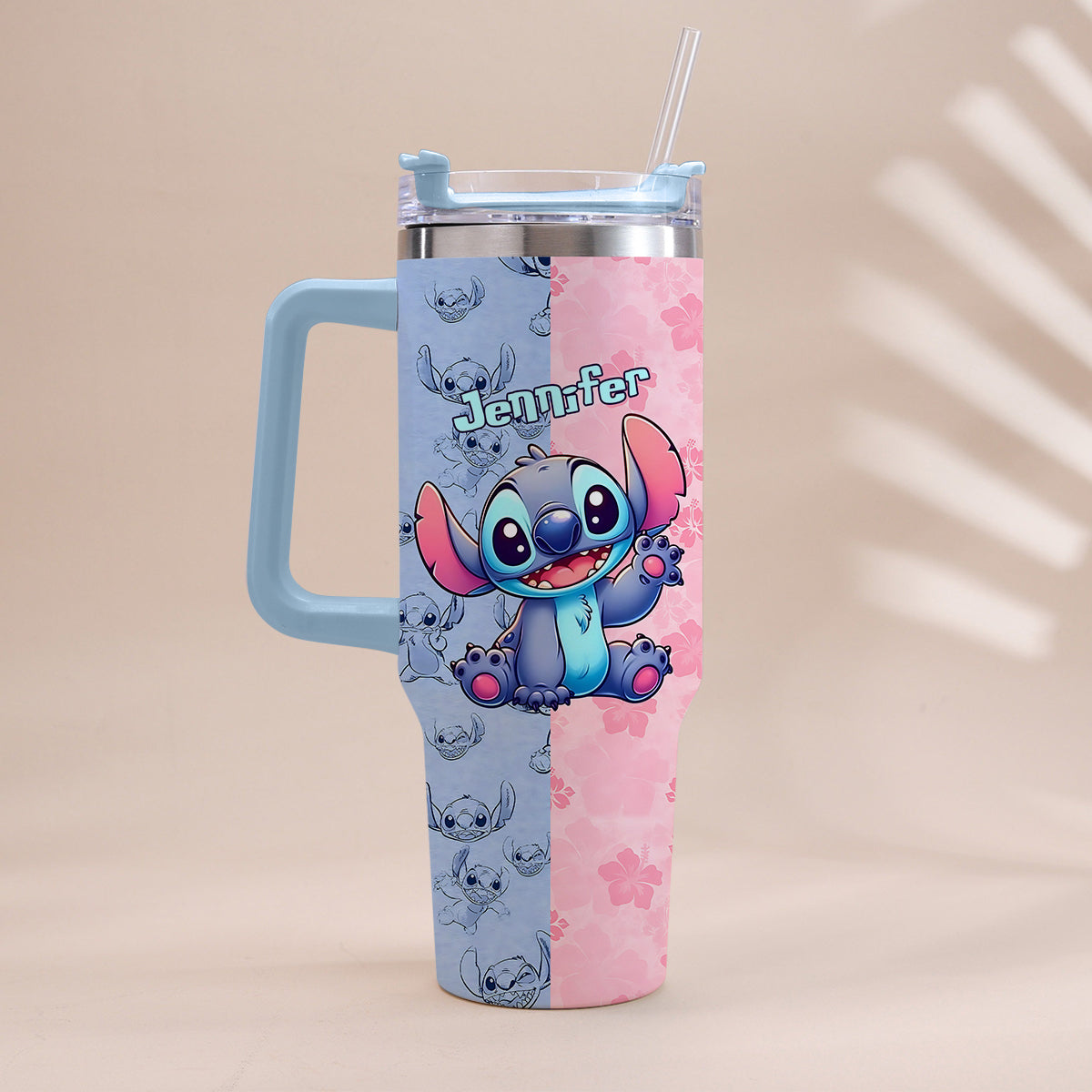 Pink And Blue - Personalized Ohana Tumbler With Handle
