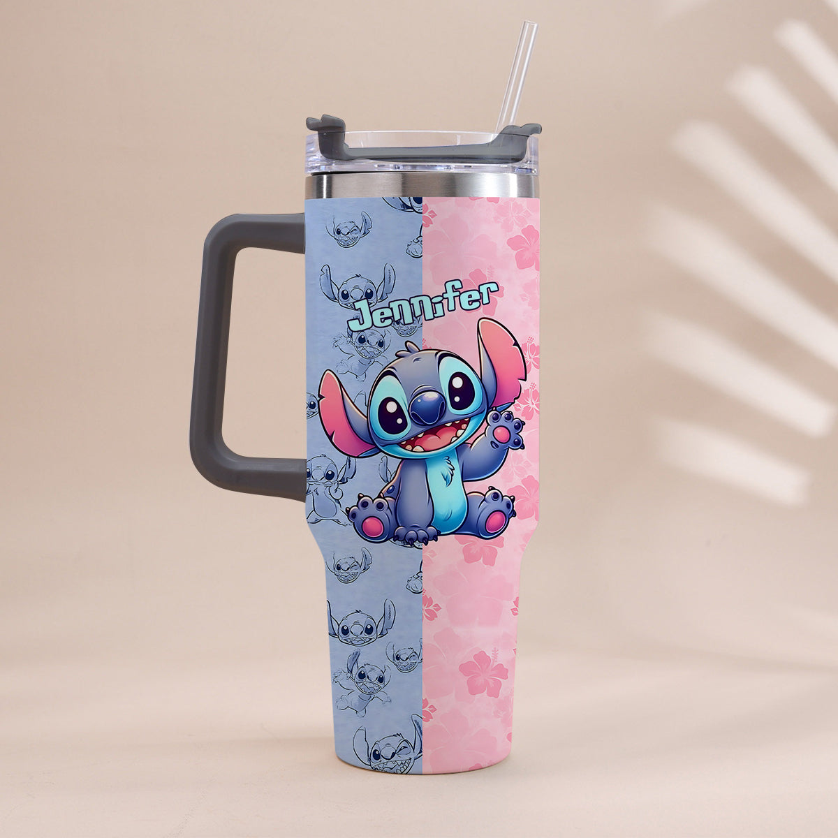 Pink And Blue - Personalized Ohana Tumbler With Handle