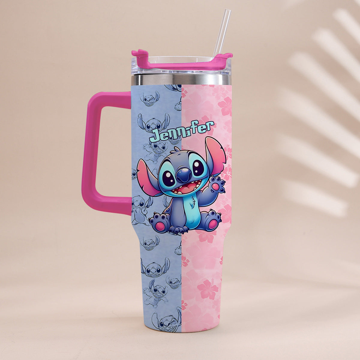 Pink And Blue - Personalized Ohana Tumbler With Handle