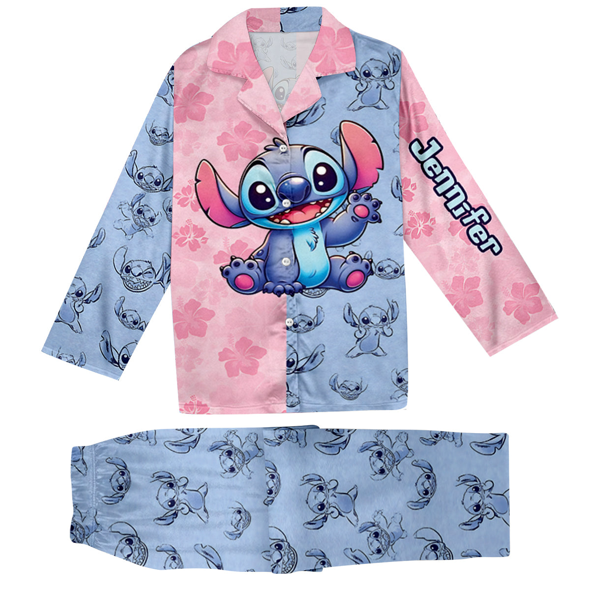 Pink And Blue Ohana - Personalized Ohana Button Down Pajamas