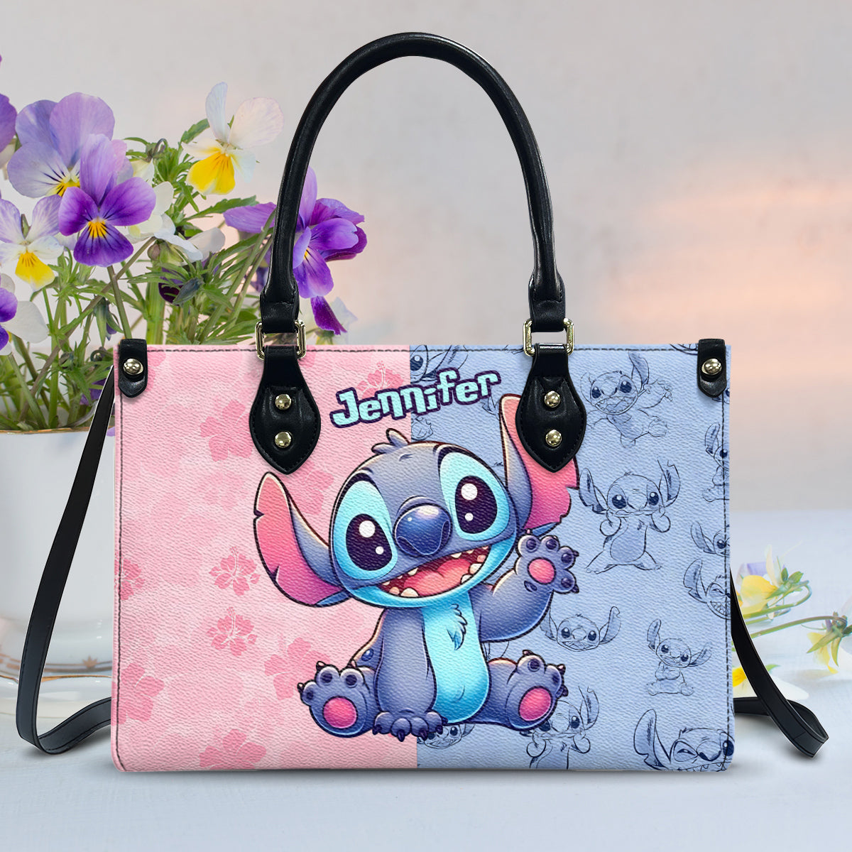 Pink And Blue Ohana - Personalized Ohana Leather Handbag