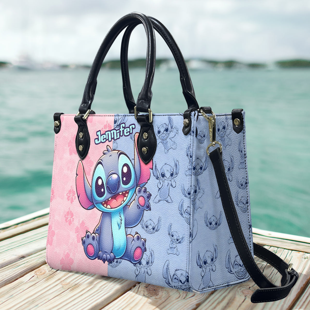 Pink And Blue Ohana - Personalized Ohana Leather Handbag