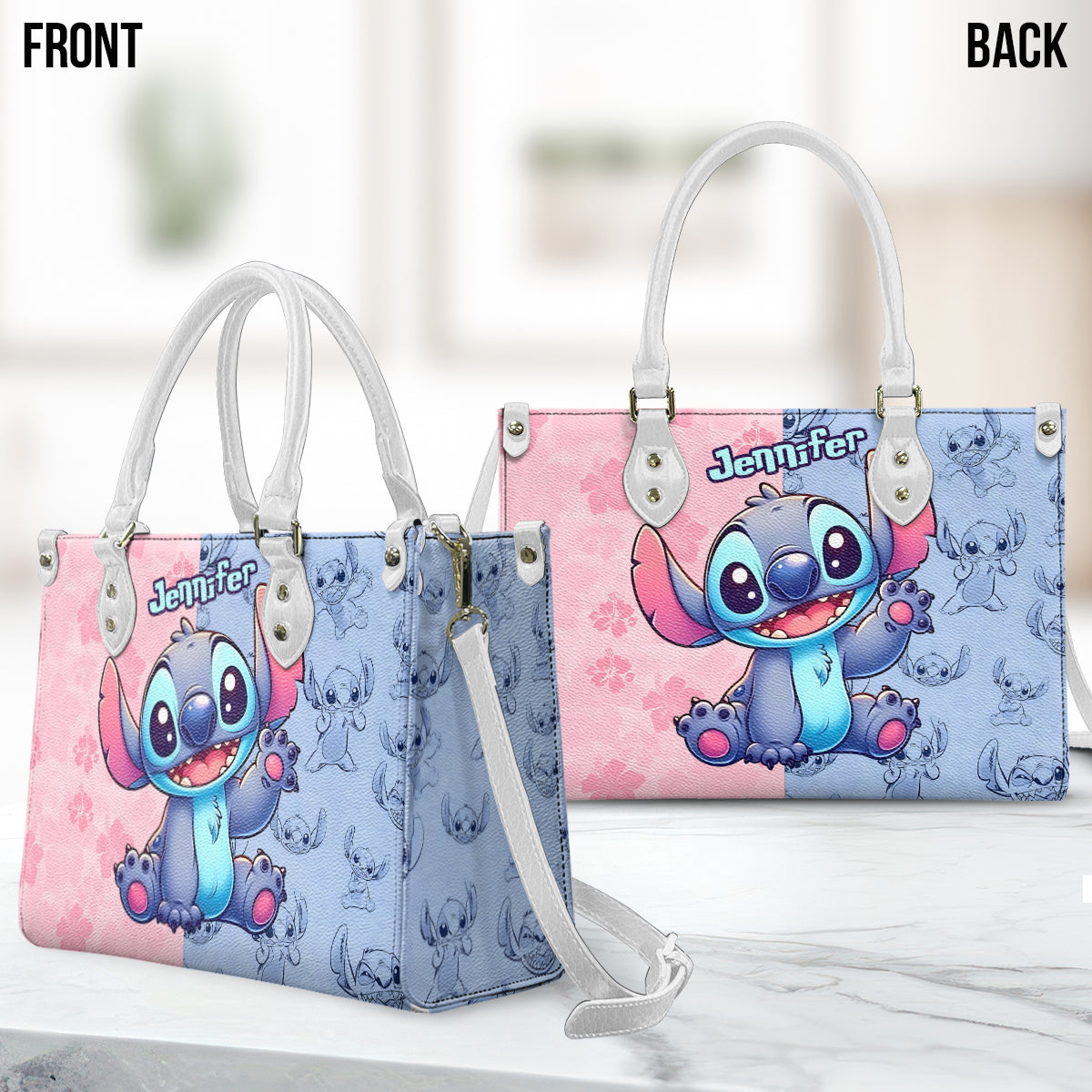 Pink And Blue Ohana - Personalized Ohana Leather Handbag