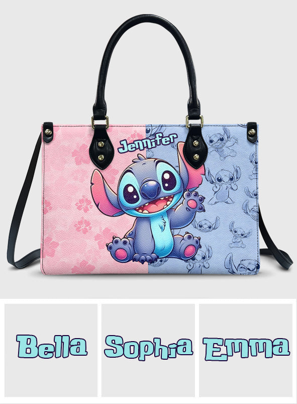 Pink And Blue Ohana - Personalized Ohana Leather Handbag