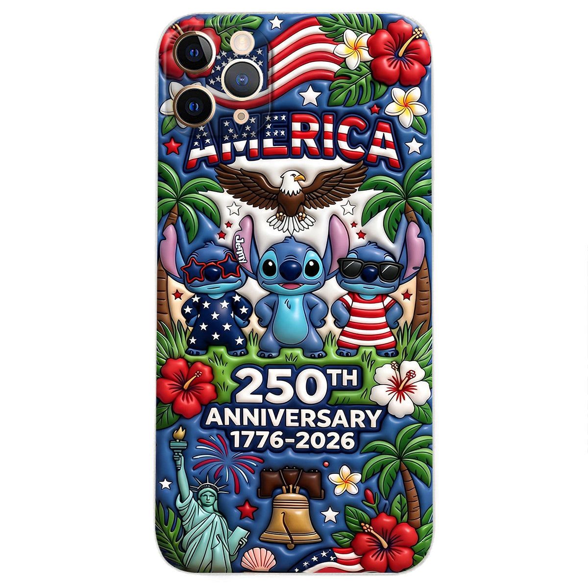Cute Blue Alien USA 250th Anniversary - Personalized Ohana 3D Embossed Leather Phone Case