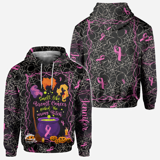 Smell Like Cancer Picked The Wrong B*tch - Personalized Breast Cancer Awareness All Over Shirt