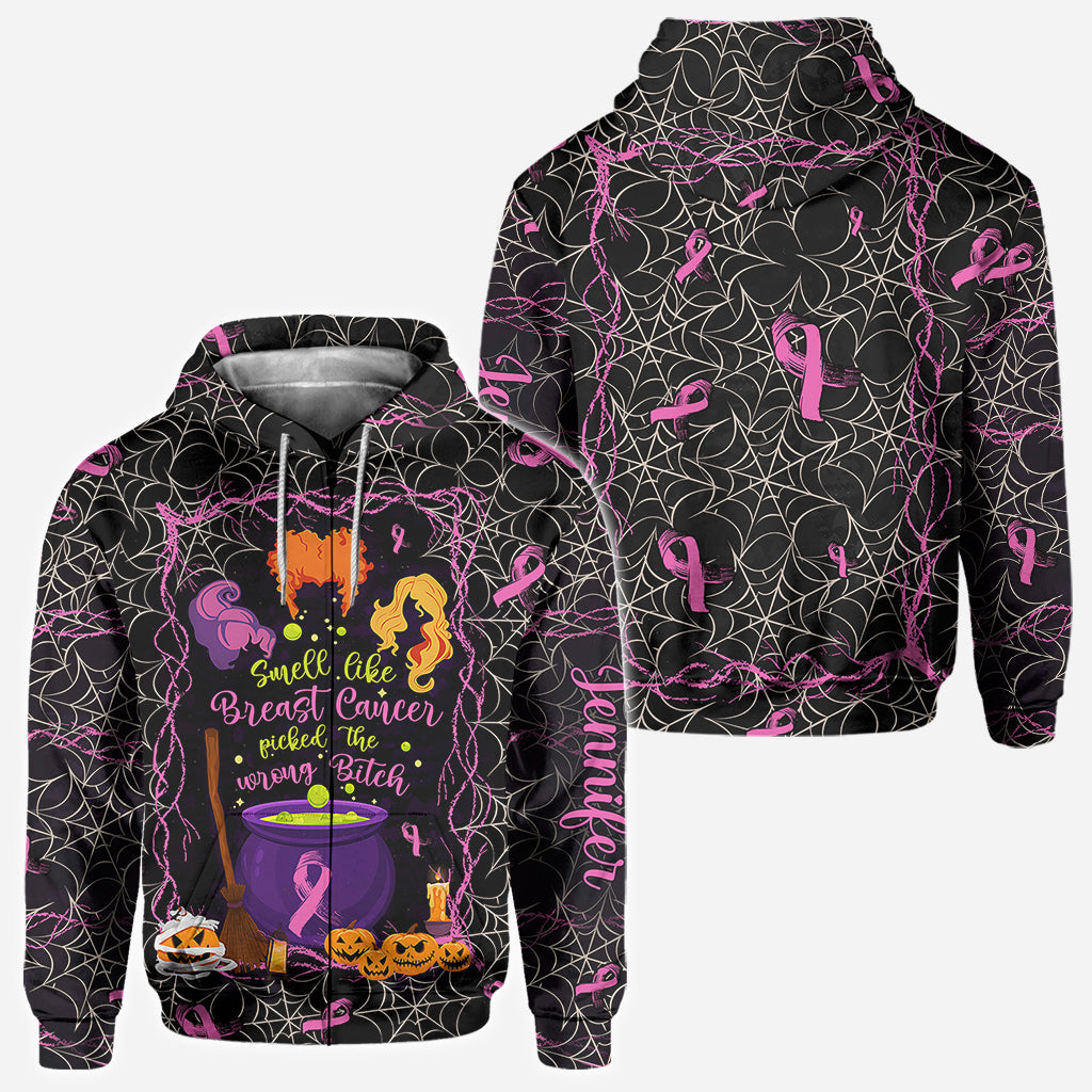Smell Like Cancer Picked The Wrong B*tch - Personalized Breast Cancer Awareness All Over Shirt