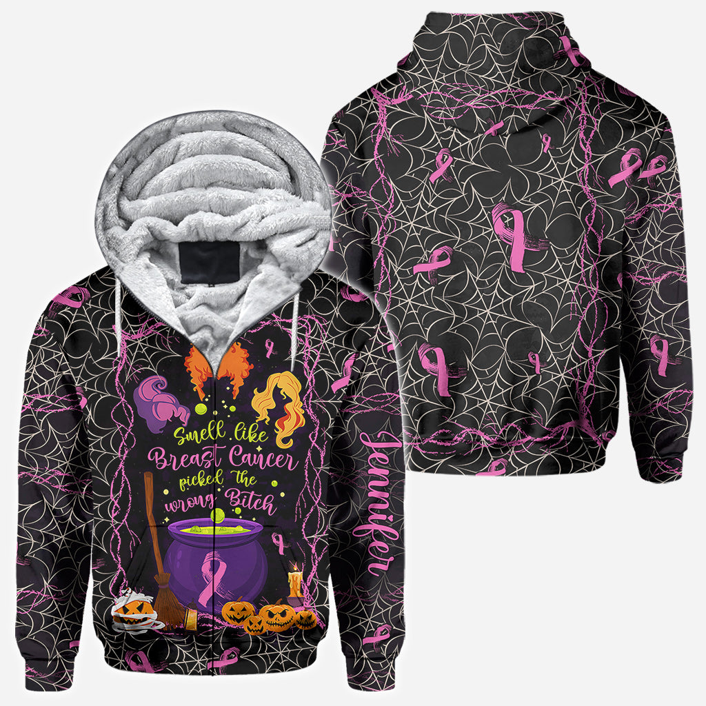 Smell Like Cancer Picked The Wrong B*tch - Personalized Breast Cancer Awareness All Over Shirt