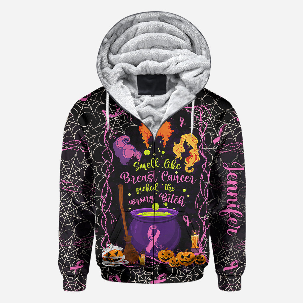 Smell Like Cancer Picked The Wrong B*tch - Personalized Breast Cancer Awareness All Over Shirt