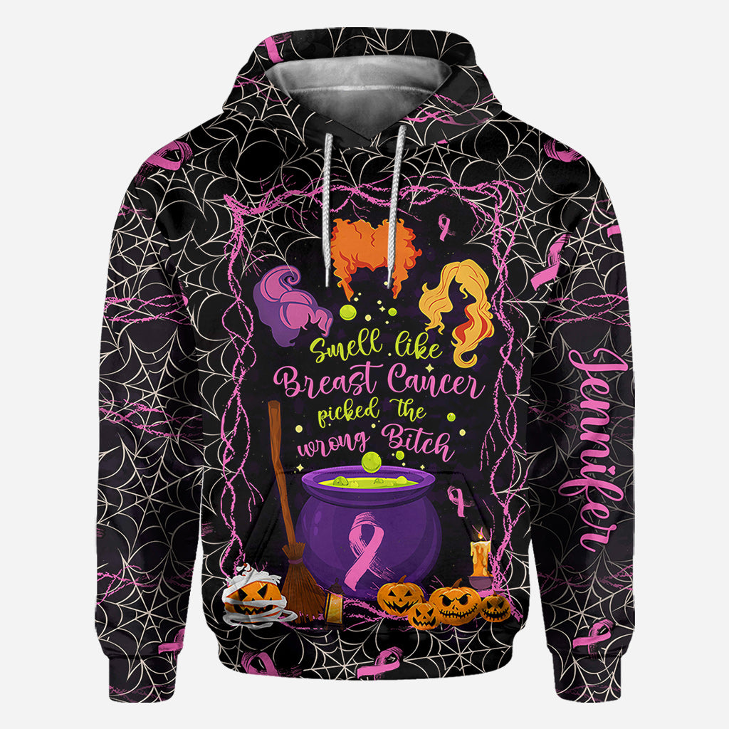Smell Like Cancer Picked The Wrong B*tch - Personalized Breast Cancer Awareness All Over Shirt