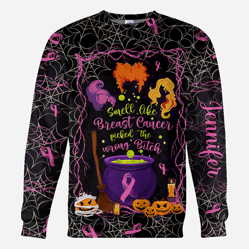 Smell Like Cancer Picked The Wrong B*tch - Personalized Breast Cancer Awareness All Over Shirt