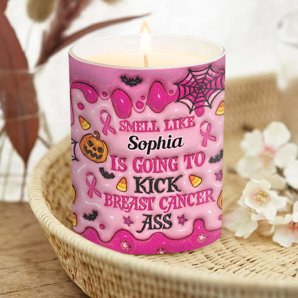 Kick Cancer Ass - Personalized Breast Cancer Awareness Candle With Wooden Lid