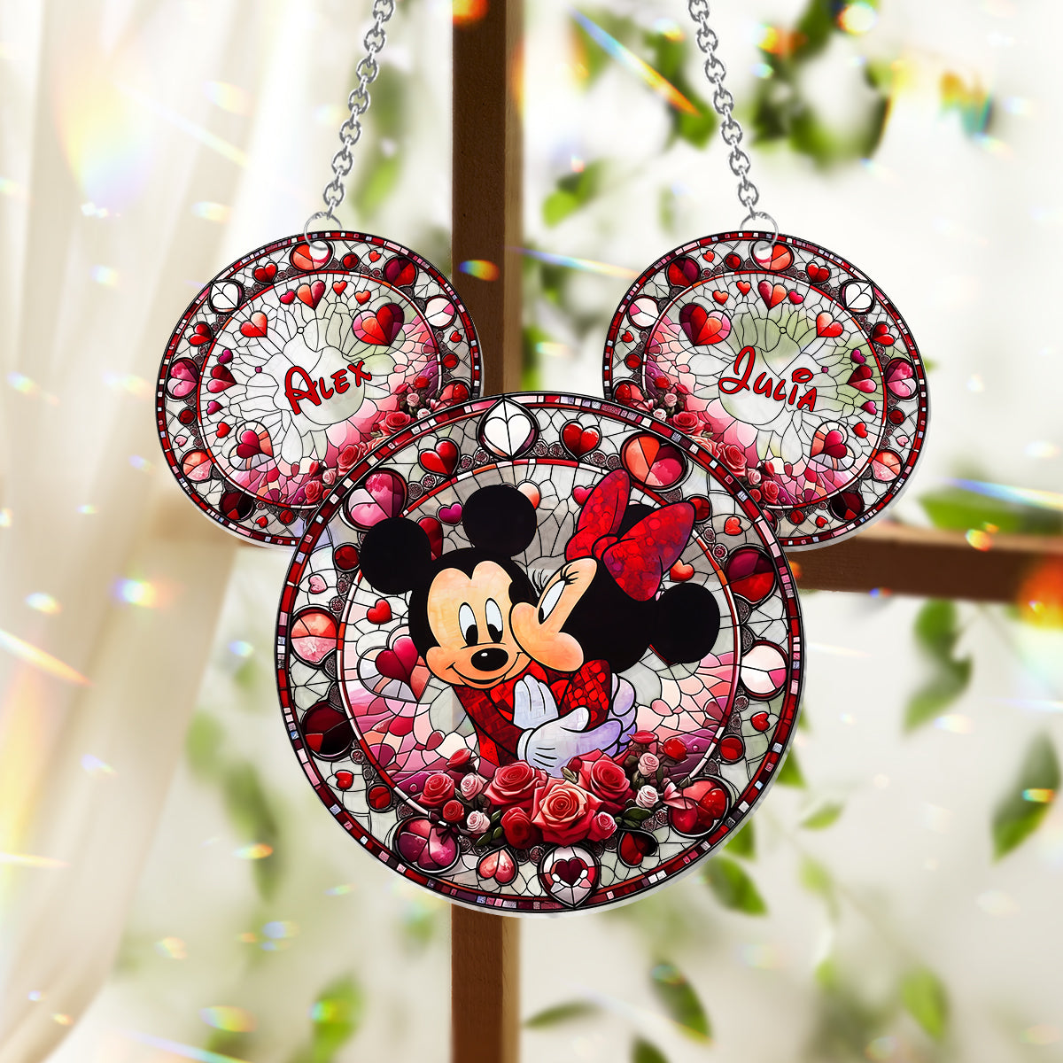 Cute Mouse Couple In Love - Personalized Mouse Window Hanging Suncatcher Ornament