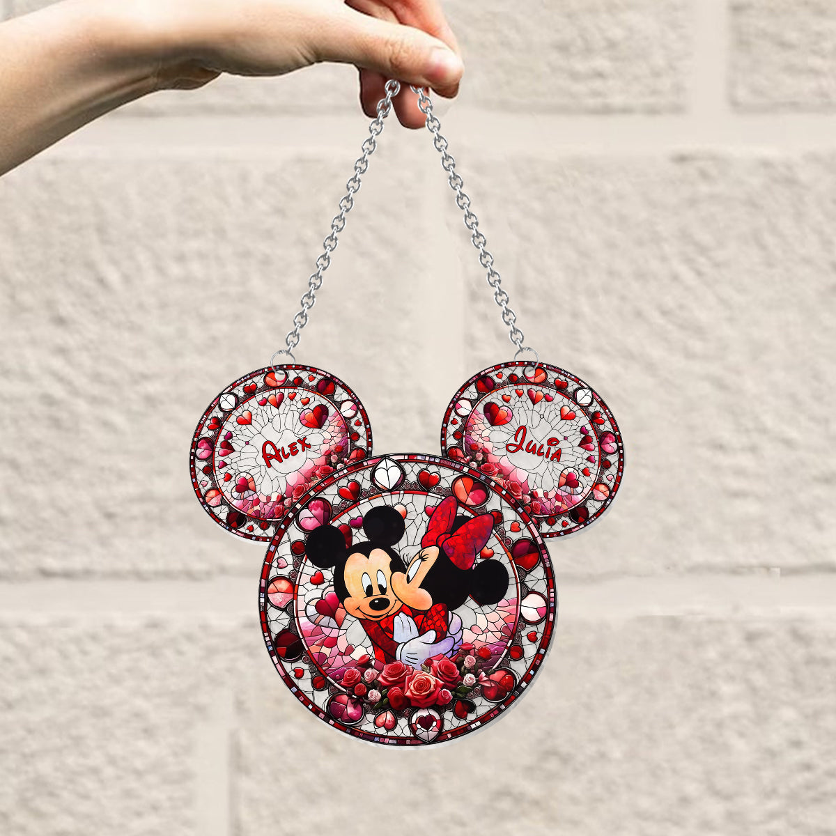 Cute Mouse Couple In Love - Personalized Mouse Window Hanging Suncatcher Ornament