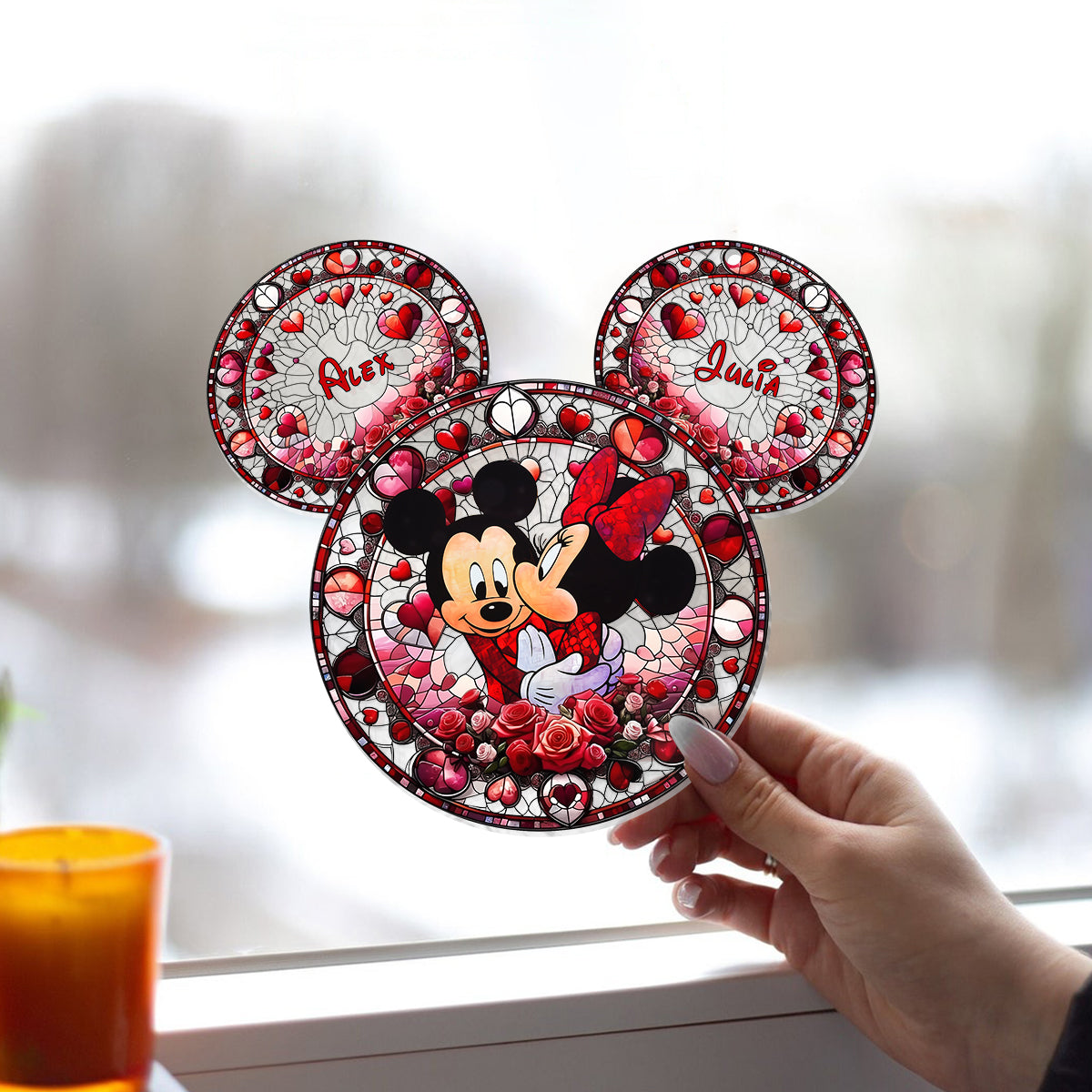 Cute Mouse Couple In Love - Personalized Mouse Window Hanging Suncatcher Ornament