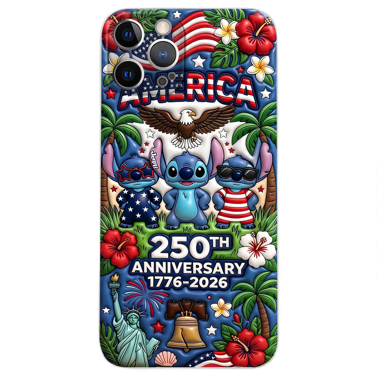 Cute Blue Alien USA 250th Anniversary - Personalized Ohana 3D Embossed Leather Phone Case
