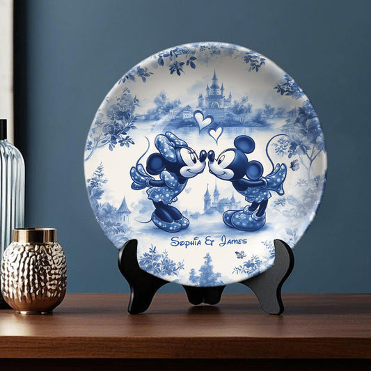 Classic Blue & White Ceramic Mouse Couple - Personalized Mouse Ceramic Round Plate