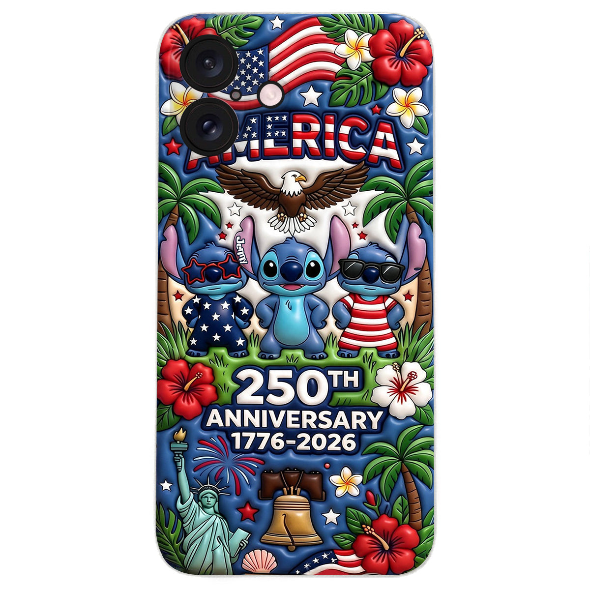 Cute Blue Alien USA 250th Anniversary - Personalized Ohana 3D Embossed Leather Phone Case