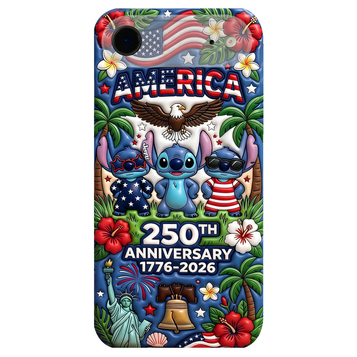Cute Blue Alien USA 250th Anniversary - Personalized Ohana 3D Embossed Leather Phone Case