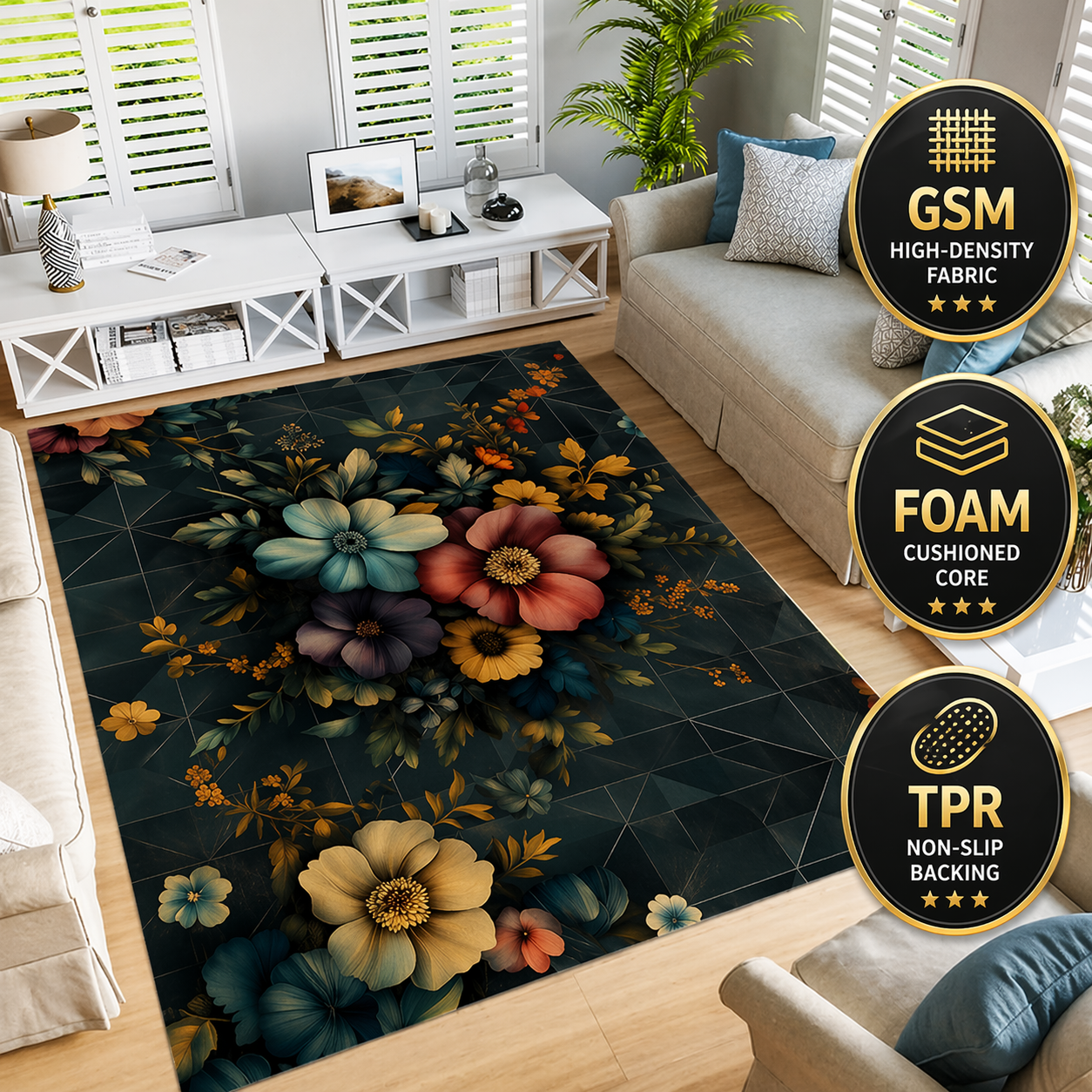 800 GSM Velvet-Soft Area Rug – Thick Cushioned Memory Foam Core, Non-Slip TPR Backing