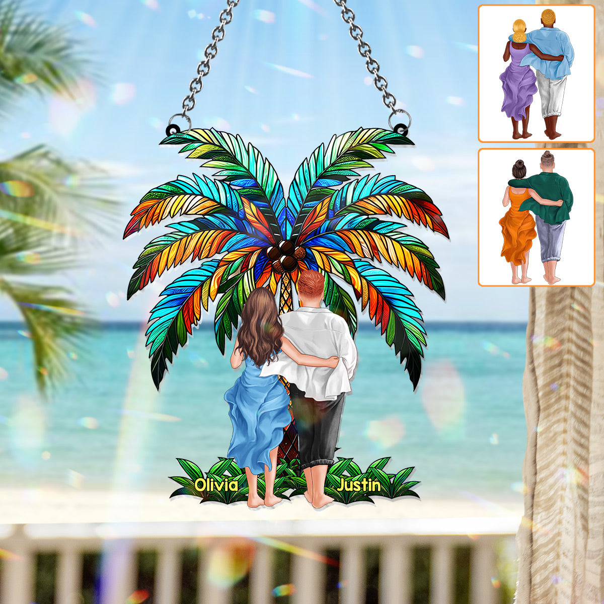 Romantic Couple Under The Palm Tree - Personalized Couple Window Hanging Suncatcher Ornament