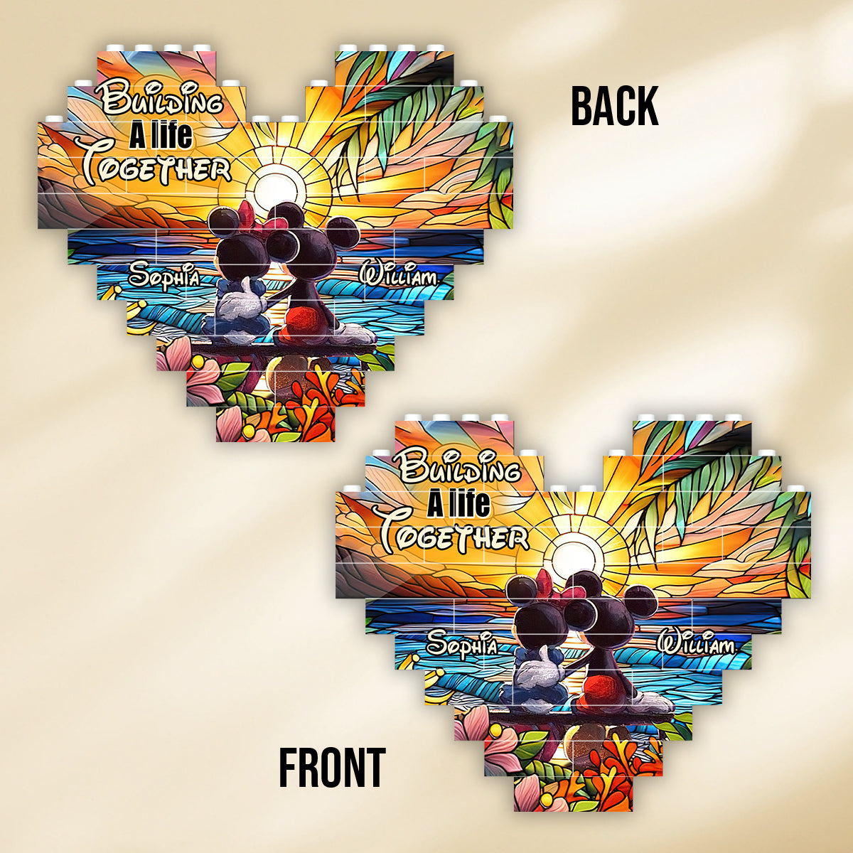 Sunset Colorful Couple - Personalized Mouse Heart Building Brick Blocks Printed On Both Sides