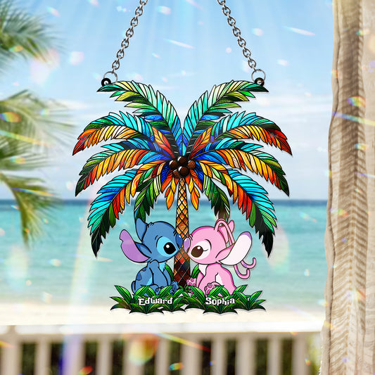 Romantic Couple Under The Palm Tree - Personalized Ohana Window Hanging Suncatcher Ornament