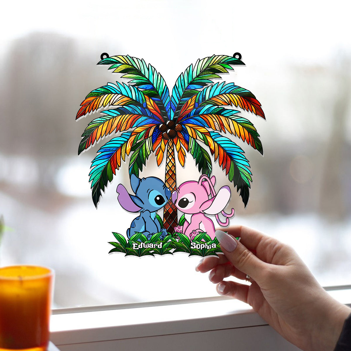 Romantic Couple Under The Palm Tree - Personalized Ohana Window Hanging Suncatcher Ornament