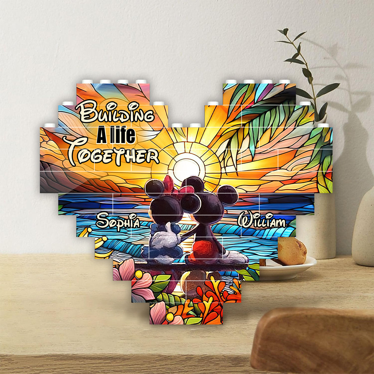 Sunset Colorful Couple - Personalized Mouse Heart Building Brick Blocks Printed On Both Sides