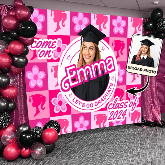 Come One Senior Let's Go Graduate Pink Doll Themed - Personalized Graduation Wall Tapestry