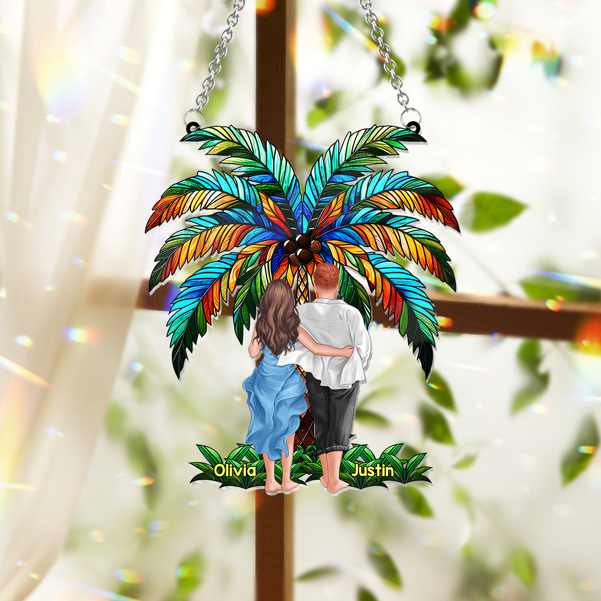 Romantic Couple Under The Palm Tree - Personalized Couple Window Hanging Suncatcher Ornament