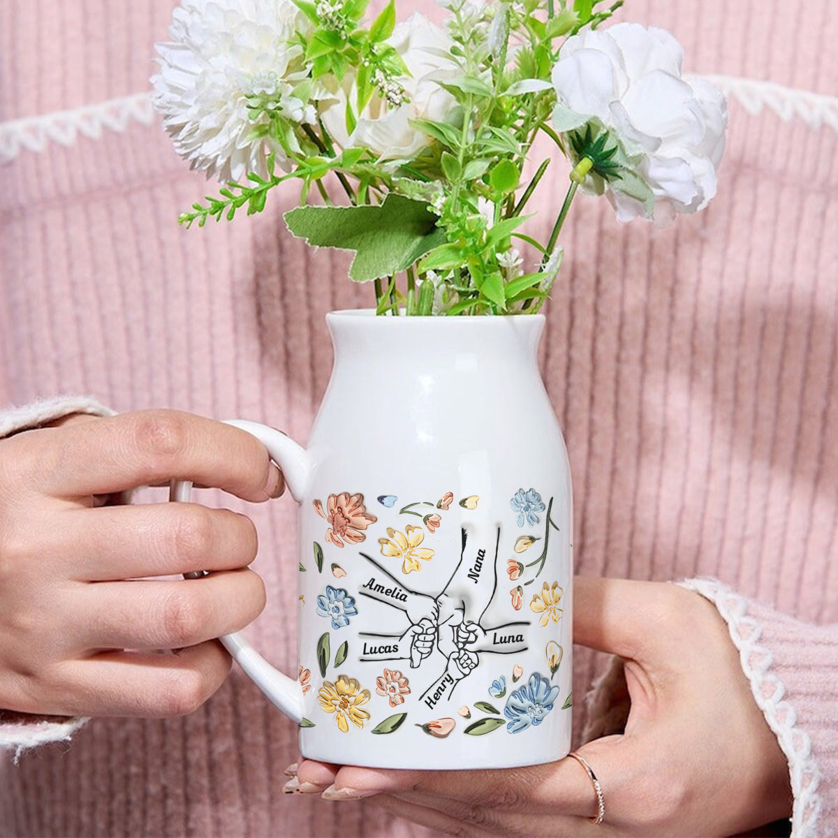 Holding Hands Mother Ceramic Flower Vase (Printed On Both Sides)