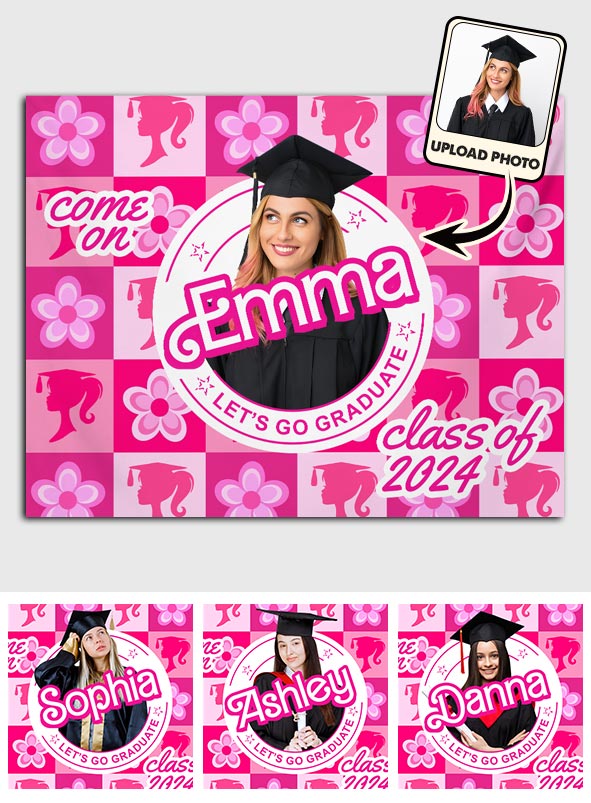 Come One Senior Let's Go Graduate Pink Doll Themed - Personalized Graduation Wall Tapestry