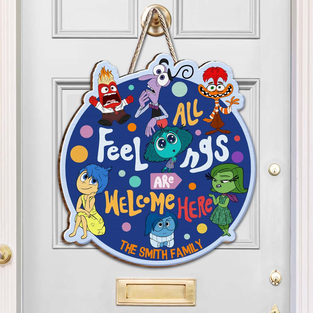 All Feelings Are Welcome Here - Personalized Custom Shaped Wood Sign