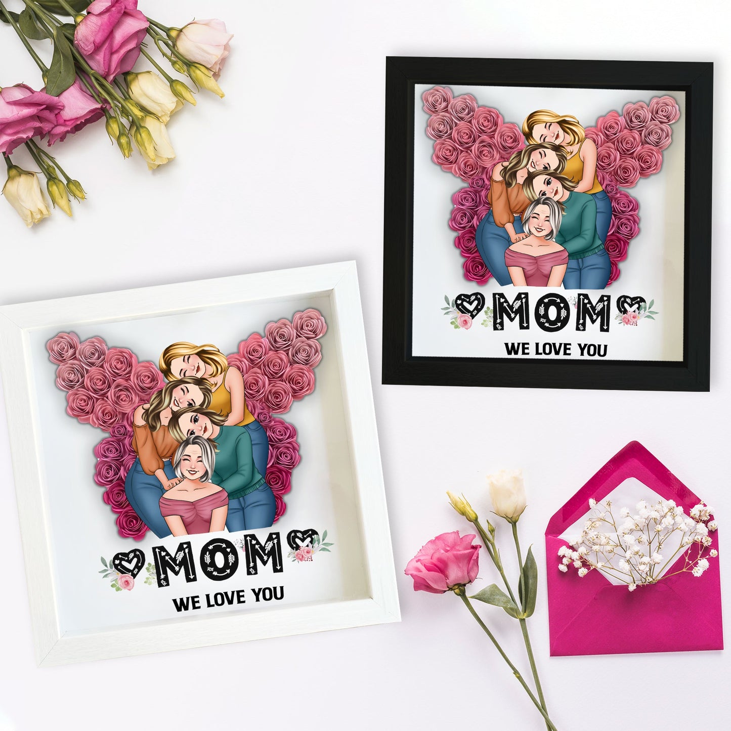 Mom We Love You Butterfly - Personalized Mother Custom Shaped Flower Shadow Box