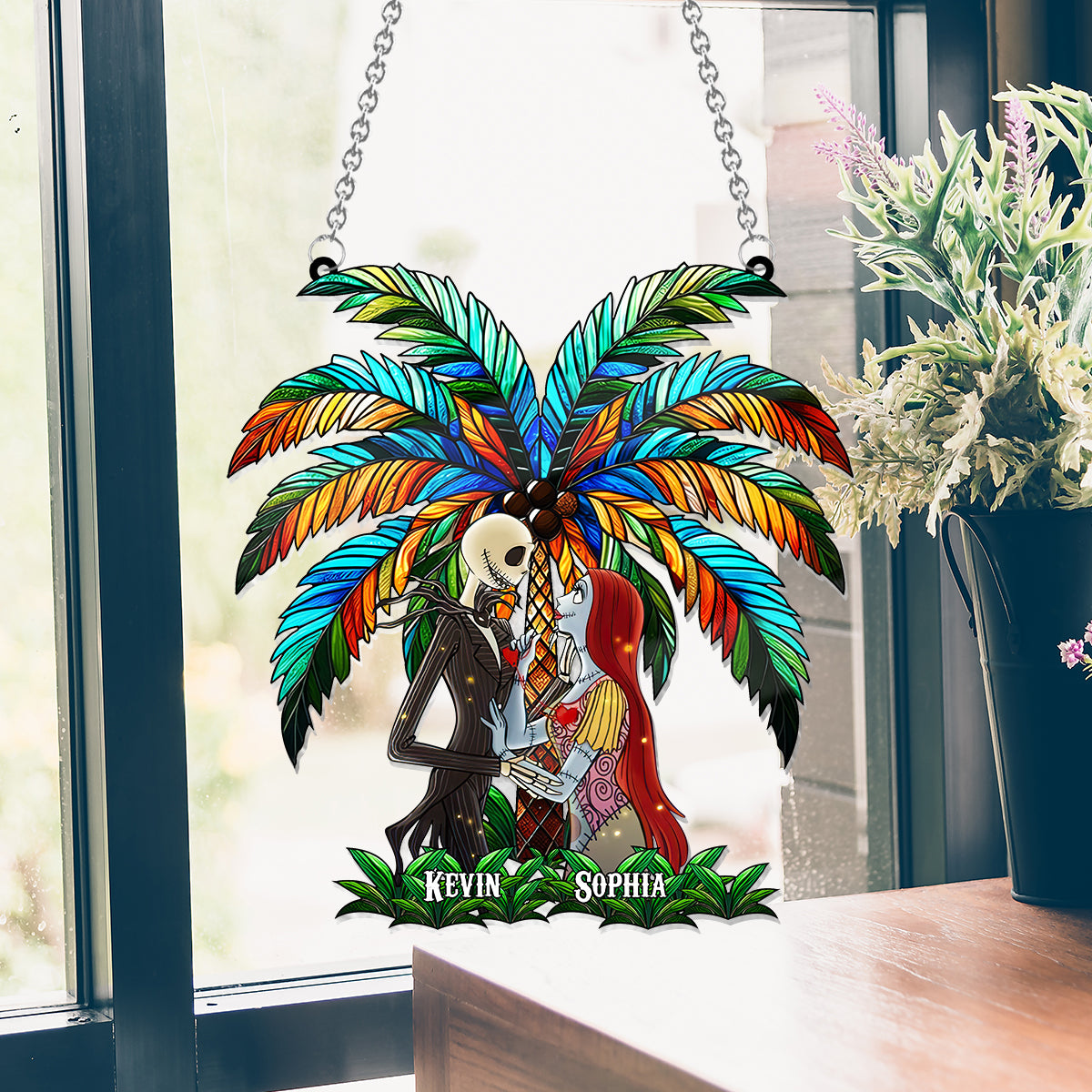 Romantic Couple Under The Palm Tree - Personalized Nightmare Window Hanging Suncatcher Ornament