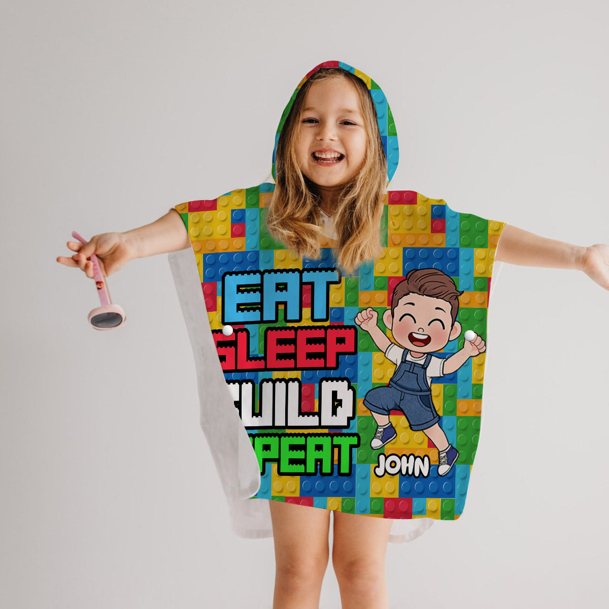 Eat Sleep Bath Build Repeat - Personalized Kid Hooded Towel Poncho