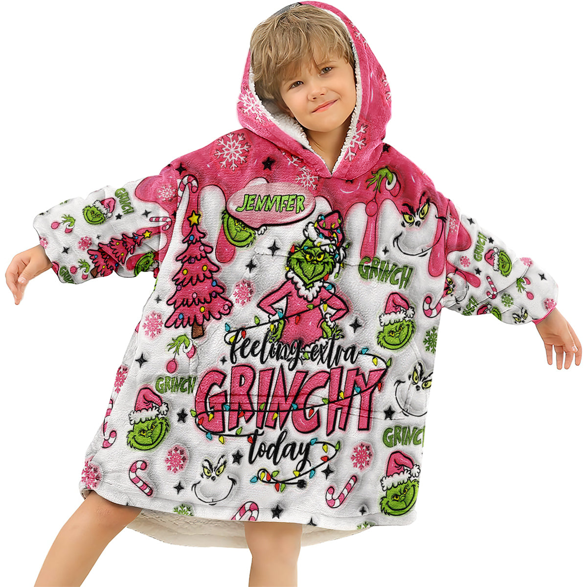 Custom Any Name Feeling Extra Grinchy Today - Personalized Stole Christmas Blanket Hoodie