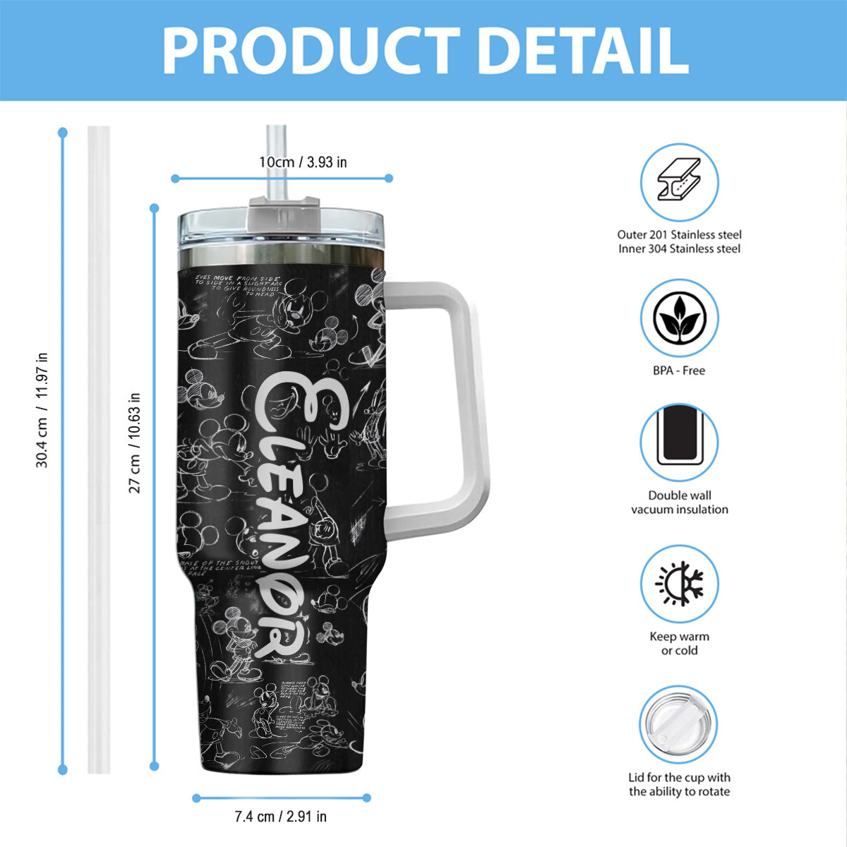 Black And White Mouse - Personalized Mouse Tumbler With Handle