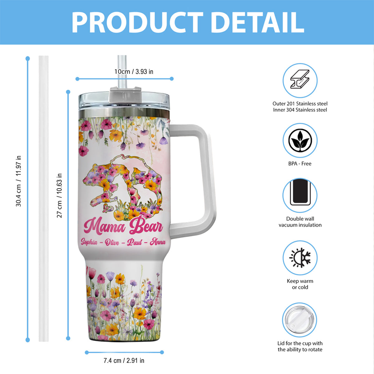 Mama Bear - Personalized Mother Tumbler With Handle