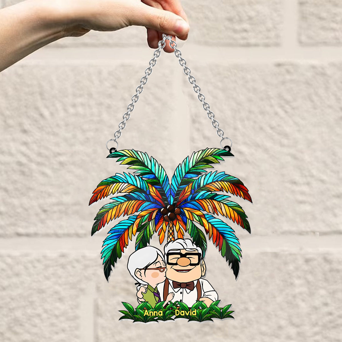 Carl And Ellie Under The Palm Tree - Personalized Mouse Window Hanging Suncatcher Ornament