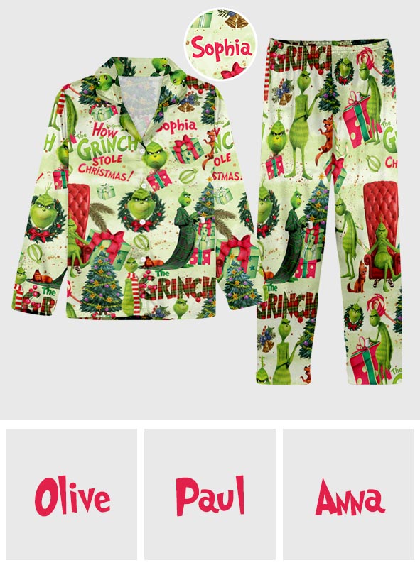 Green Christmas - Personalized Stole Christmas Button Down Pajamas