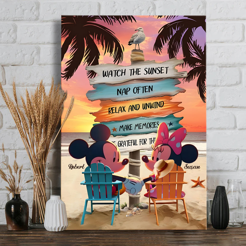 Mouse Ears Couple Vintage Tropical Palm Tree Beach Sunset - Personalized Mouse Canvas And Poster
